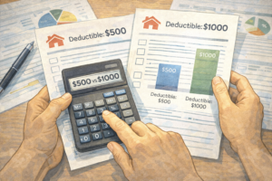 Hands holding a calculator and documents with charts in the background, representing financial planning and deductible comparisons.