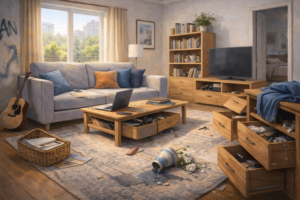 A slightly messy apartment with open drawers and a broken vase, implying a theft or vandalism scenario.