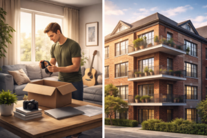 Split image showing an apartment interior on one side and the building exterior on the other, symbolizing personal vs property coverage.