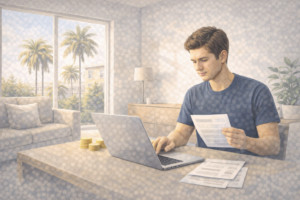 Renter reviewing finances inside a sunny California apartment