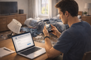 Renter documenting damaged belongings for an insurance claim