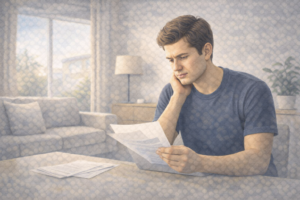 Renter reviewing documents with concern in a rental apartment