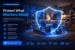 Modern apartment renters insurance illustration showing personal property protection, liability coverage, and rental apartment safety