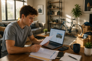 Young tenant reviewing renters insurance coverage documents in a modern apartment while protecting personal belongings and household valuables.